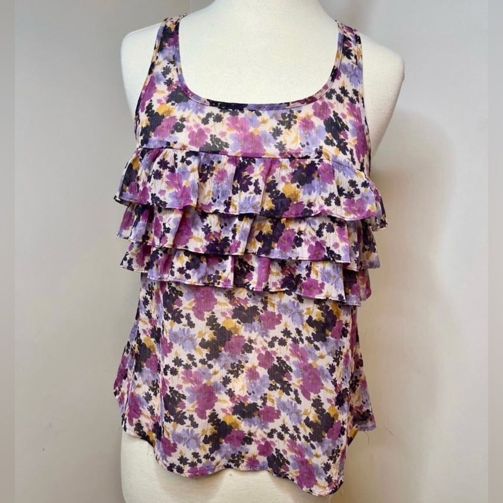 Express Floral Sheer Ruffle Sleeveless Blouse